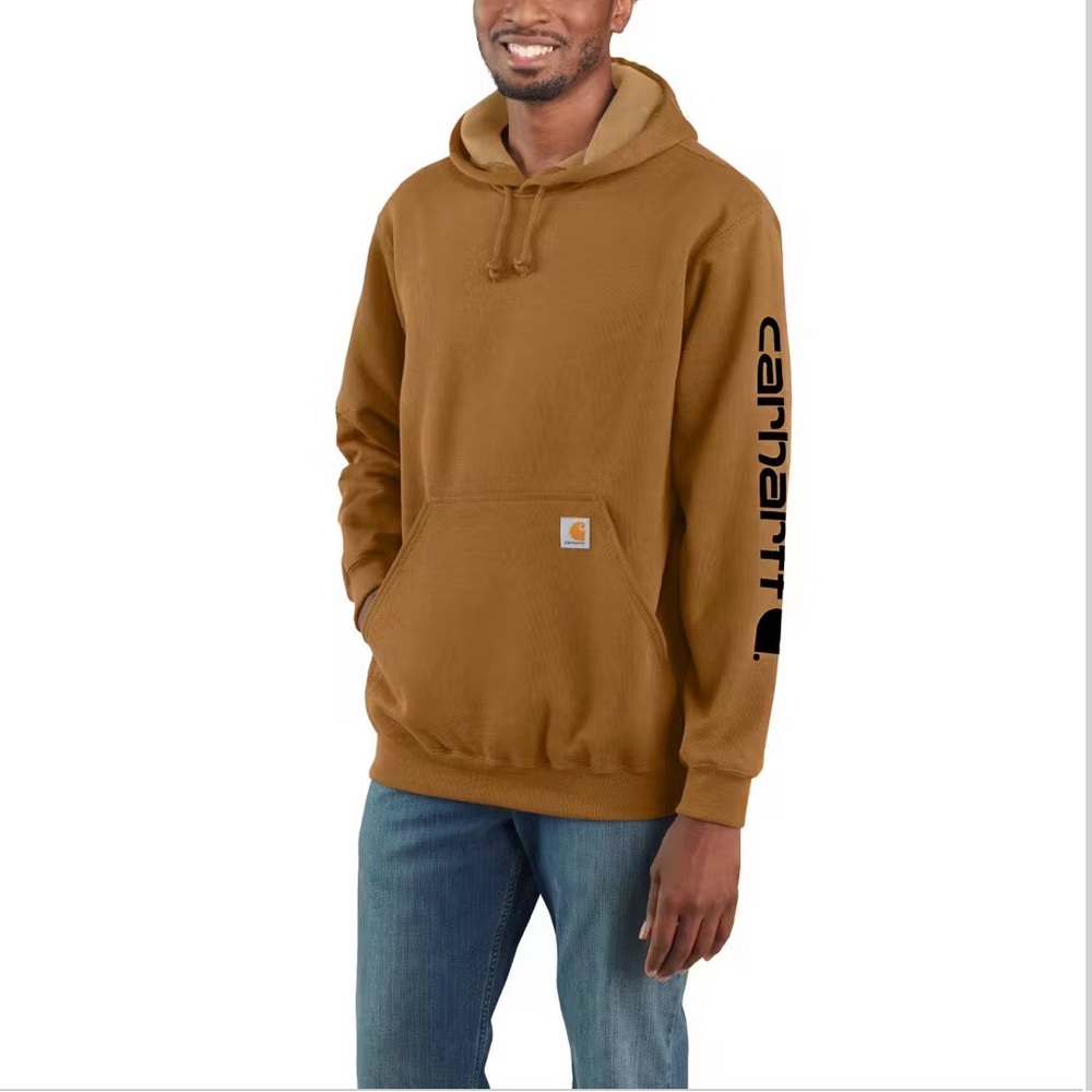 Carhartt Men's Brown Hoodie with Black Sleeve Logo